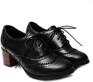 VOKLIN Women's Chunky Block Mid Heels Oxford Pumps Wingtip Perforated Lace Up Vintage Brogues Dress Shoes