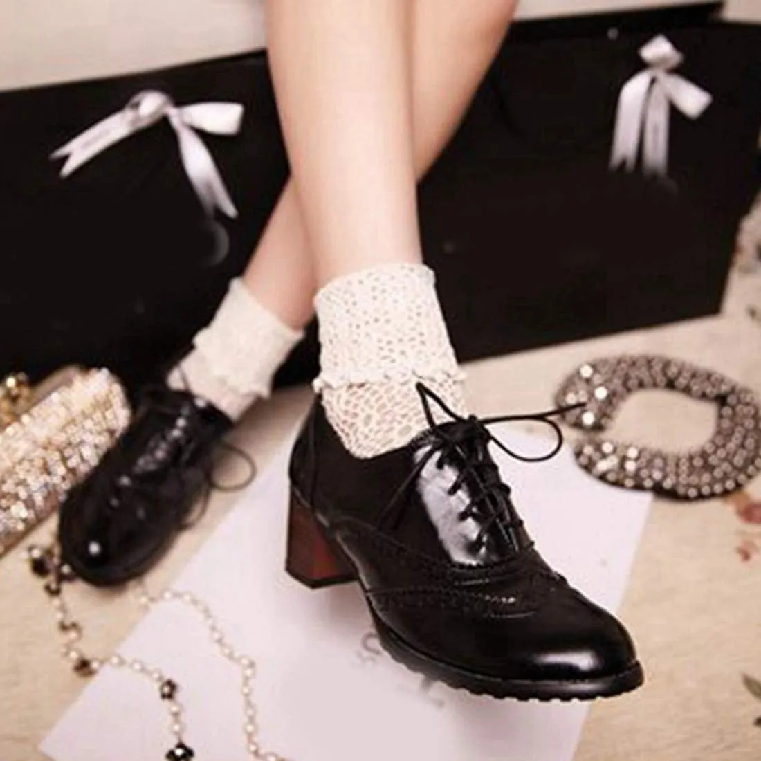 VOKLIN Women's Chunky Block Mid Heels Oxford Pumps Wingtip Perforated Lace Up Vintage Brogues Dress Shoes