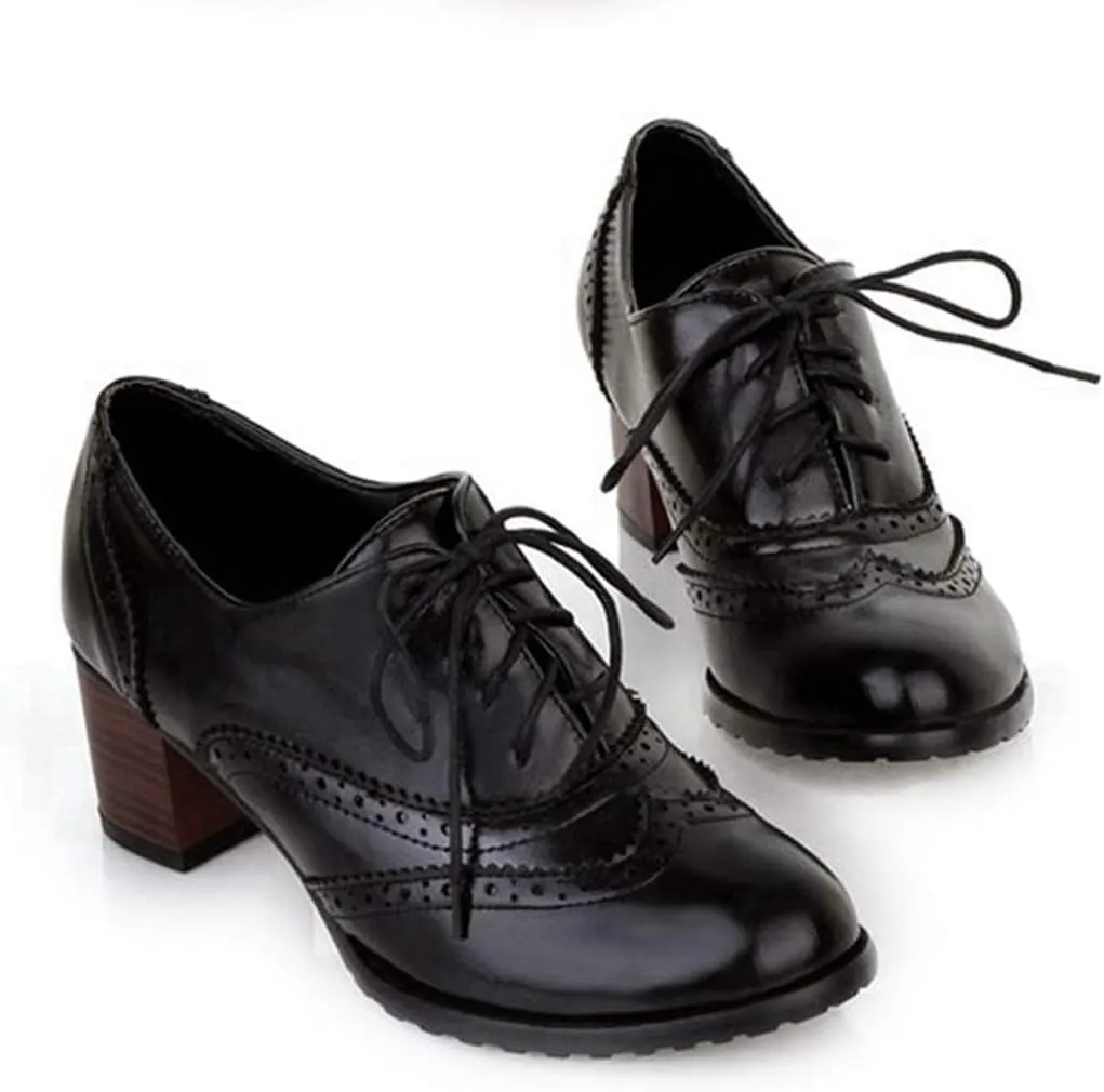 VOKLIN Women's Chunky Block Mid Heels Oxford Pumps Wingtip Perforated Lace Up Vintage Brogues Dress Shoes
