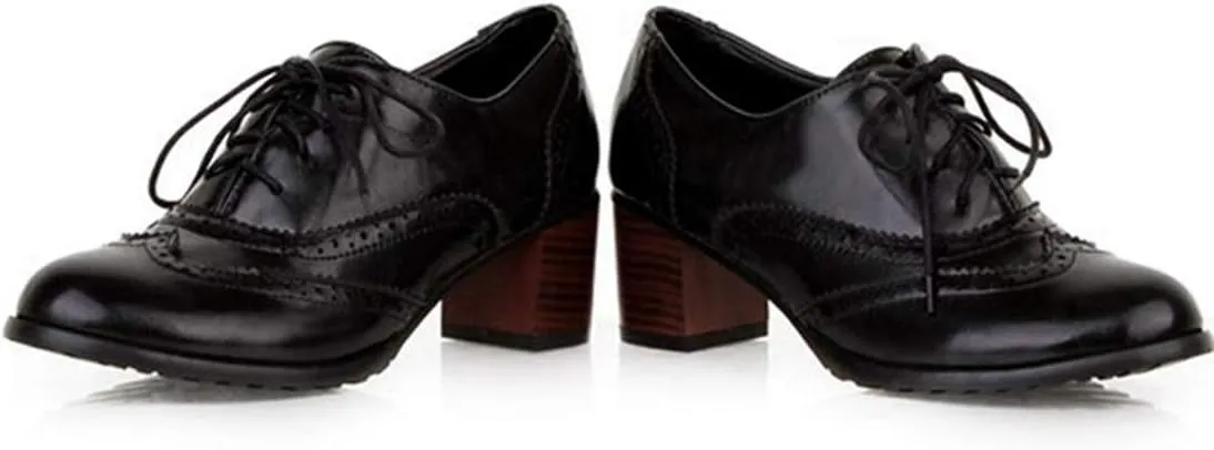 VOKLIN Women's Chunky Block Mid Heels Oxford Pumps Wingtip Perforated Lace Up Vintage Brogues Dress Shoes