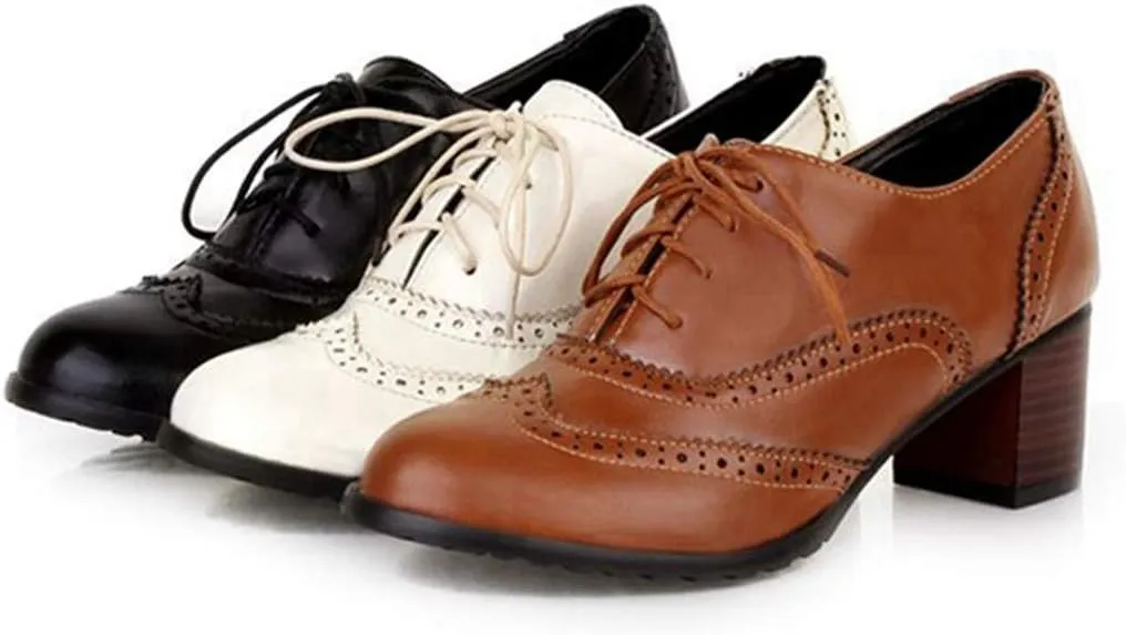 VOKLIN Women's Chunky Block Mid Heels Oxford Pumps Wingtip Perforated Lace Up Vintage Brogues Dress Shoes