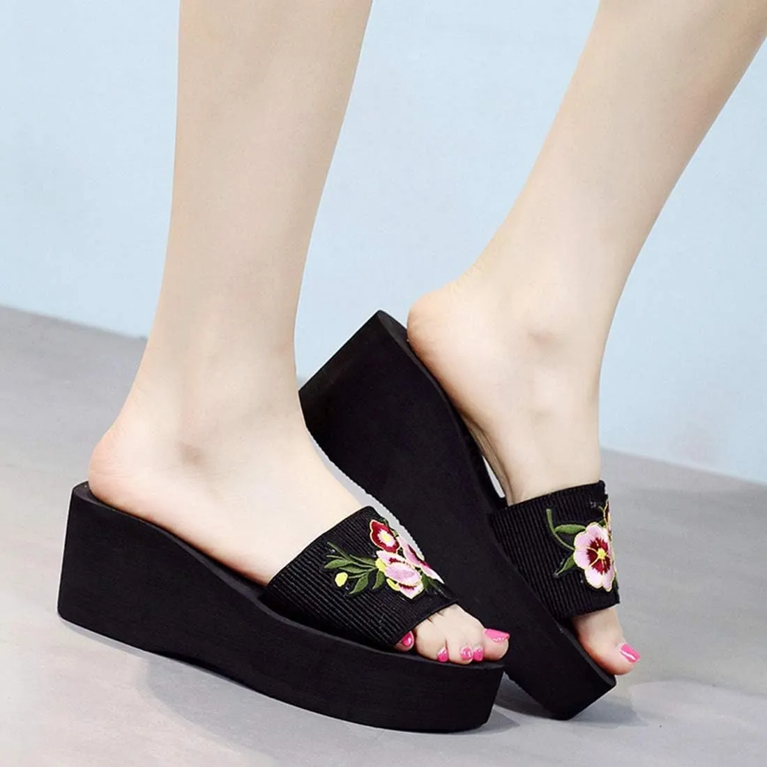 VOKLIN Women's Embroidered Flower Wedge High Heel Slide Sandals Summer Comfort Nonlip Platform Beach Sandal