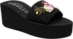 VOKLIN Women's Embroidered Flower Wedge High Heel Slide Sandals Summer Comfort Nonlip Platform Beach Sandal