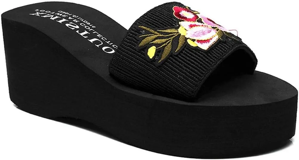 VOKLIN Women's Embroidered Flower Wedge High Heel Slide Sandals Summer Comfort Nonlip Platform Beach Sandal