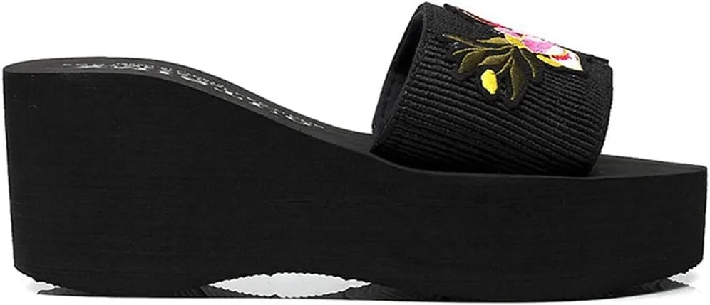 VOKLIN Women's Embroidered Flower Wedge High Heel Slide Sandals Summer Comfort Nonlip Platform Beach Sandal