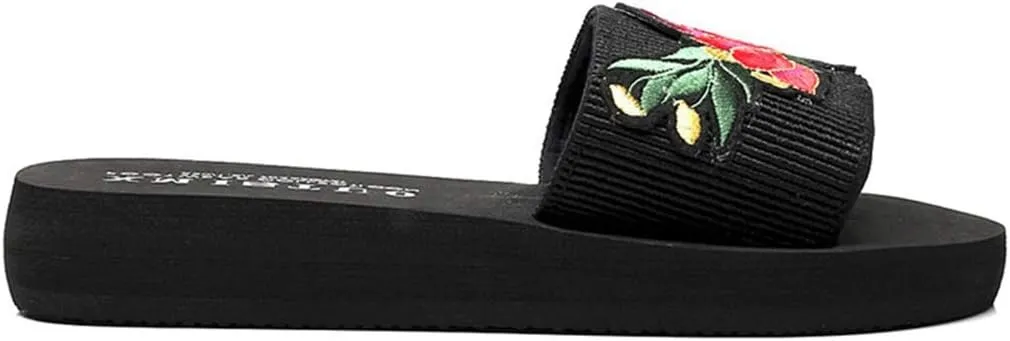 VOKLIN Women's Embroidered Flowers Flat Slide Sandals Summer Comfort Nonslip Platform Low Heel Beach Sandal