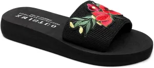 VOKLIN Women's Embroidered Flowers Flat Slide Sandals Summer Comfort Nonslip Platform Low Heel Beach Sandal
