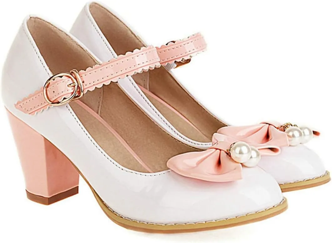 VOKLIN Women's Girls Lolita Sweet Bow Mary Jane Pumps Ankle Strap Platform Block High Heel Oxford Dress Shoes