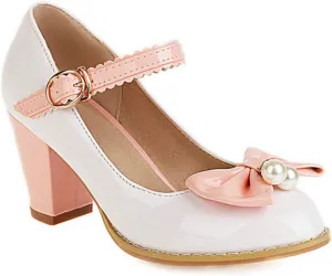 VOKLIN Women's Girls Lolita Sweet Bow Mary Jane Pumps Ankle Strap Platform Block High Heel Oxford Dress Shoes