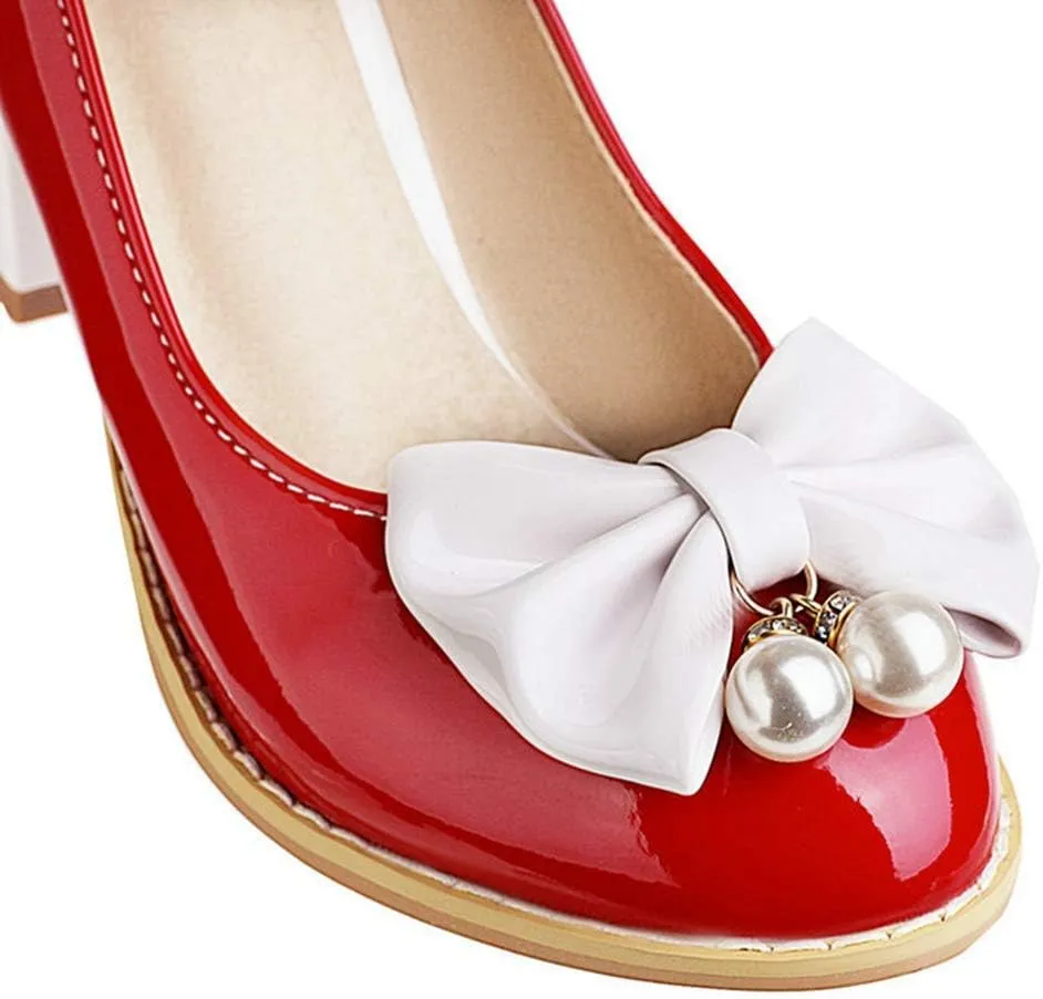VOKLIN Women's Girls Lolita Sweet Bow Mary Jane Pumps Ankle Strap Platform Block High Heel Oxford Dress Shoes