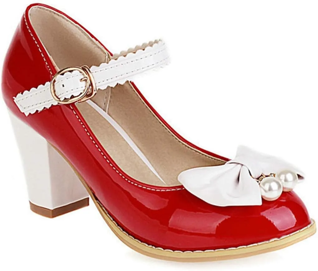 VOKLIN Women's Girls Lolita Sweet Bow Mary Jane Pumps Ankle Strap Platform Block High Heel Oxford Dress Shoes