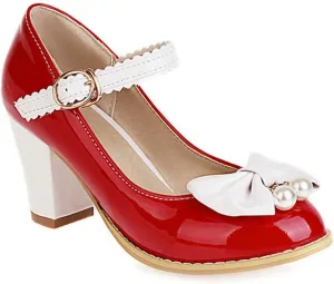 VOKLIN Women's Girls Lolita Sweet Bow Mary Jane Pumps Ankle Strap Platform Block High Heel Oxford Dress Shoes