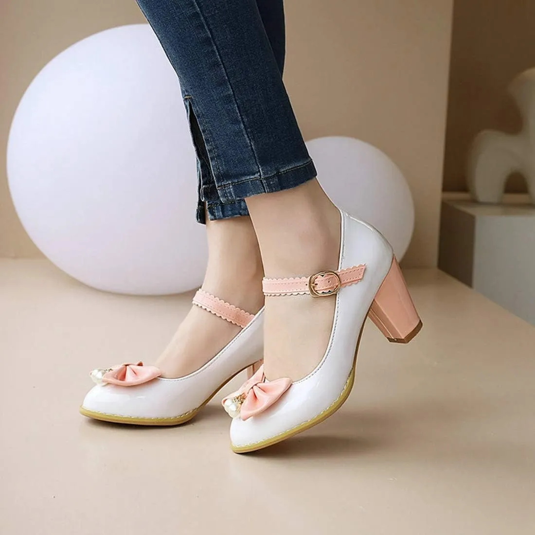 VOKLIN Women's Girls Lolita Sweet Bow Mary Jane Pumps Ankle Strap Platform Block High Heel Oxford Dress Shoes