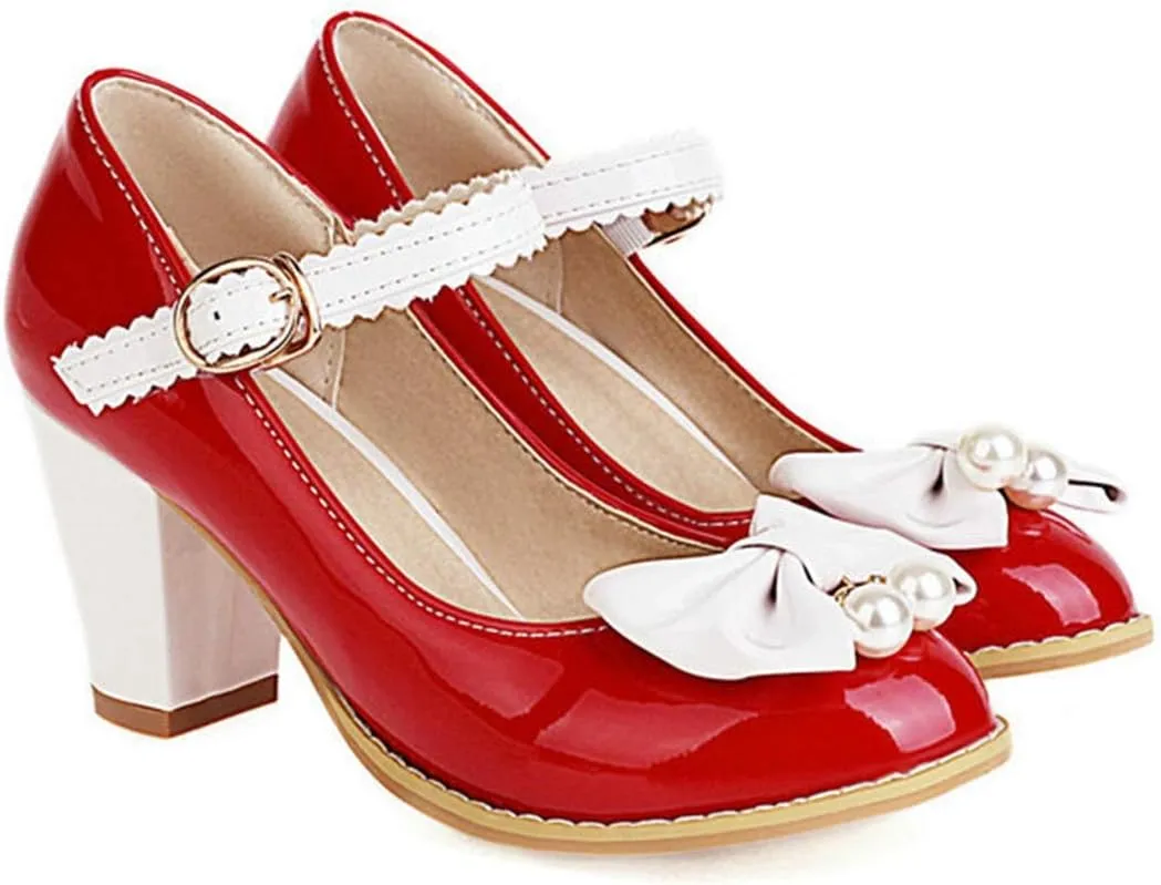 VOKLIN Women's Girls Lolita Sweet Bow Mary Jane Pumps Ankle Strap Platform Block High Heel Oxford Dress Shoes