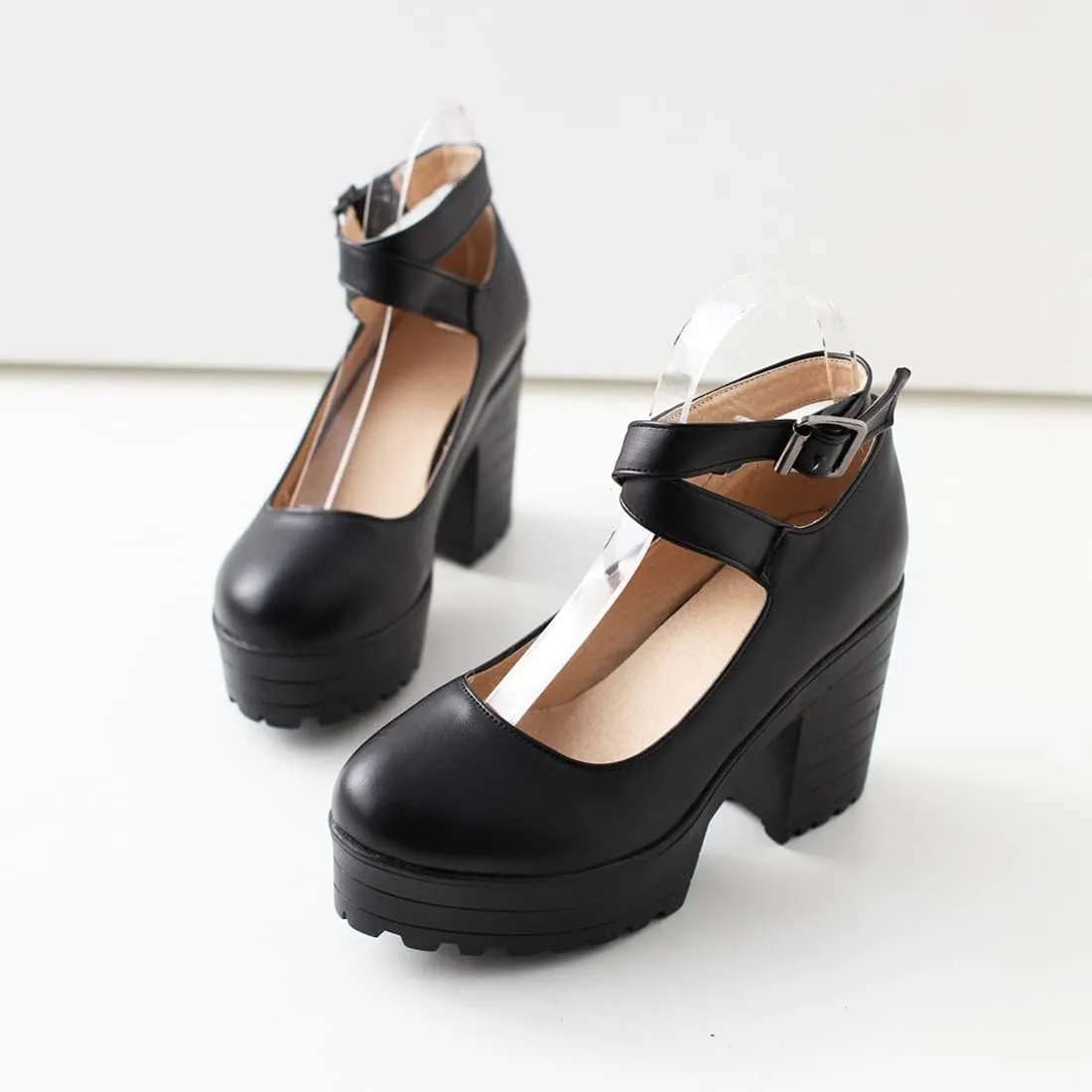 VOKLIN Women's Round Toe Platform Cross Ankle Strap Mary Janes Pumps Chunky High Block Heel Dress Pump Shoes