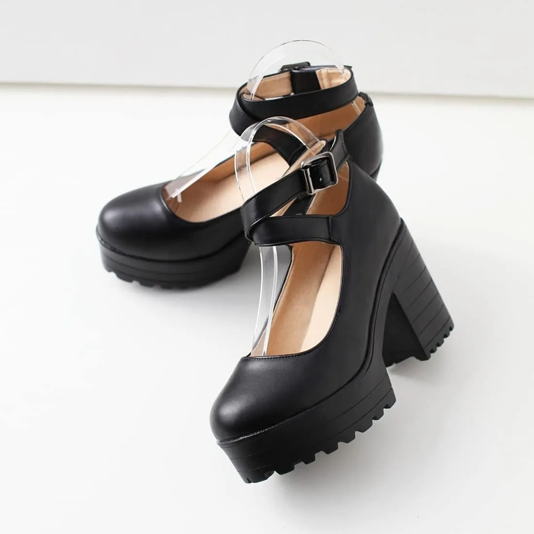 VOKLIN Women's Round Toe Platform Cross Ankle Strap Mary Janes Pumps Chunky High Block Heel Dress Pump Shoes