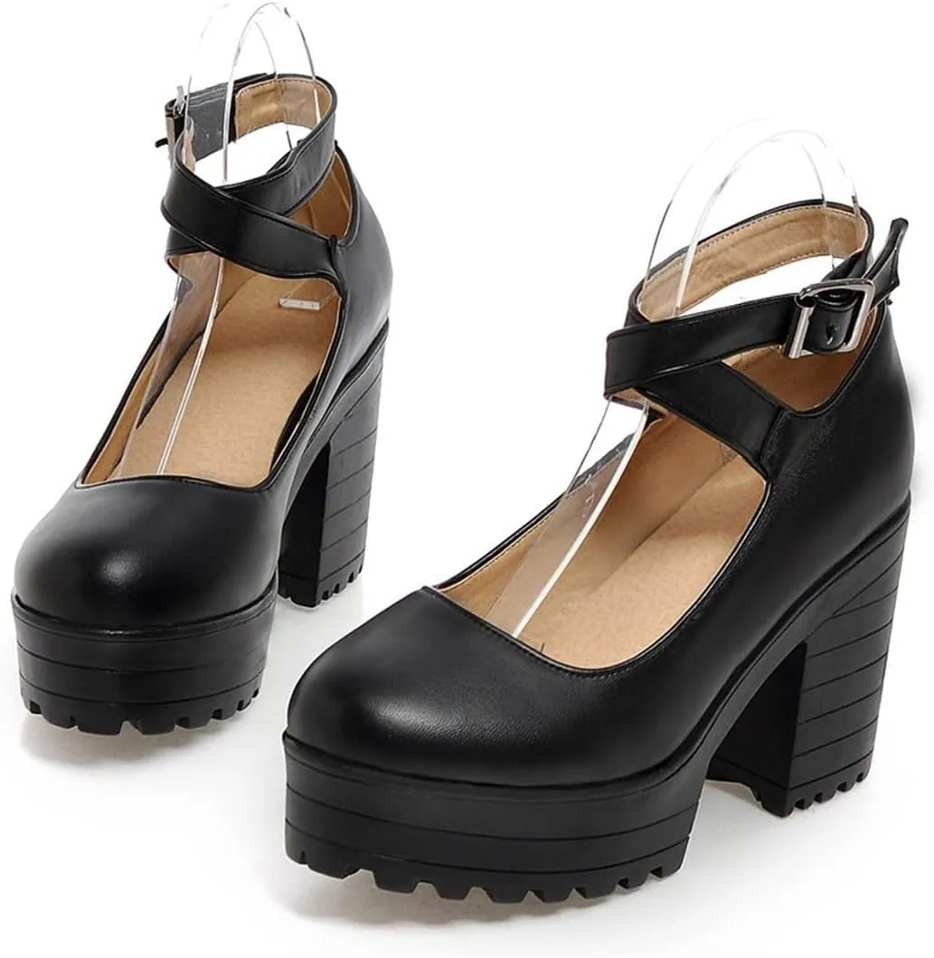 VOKLIN Women's Round Toe Platform Cross Ankle Strap Mary Janes Pumps Chunky High Block Heel Dress Pump Shoes