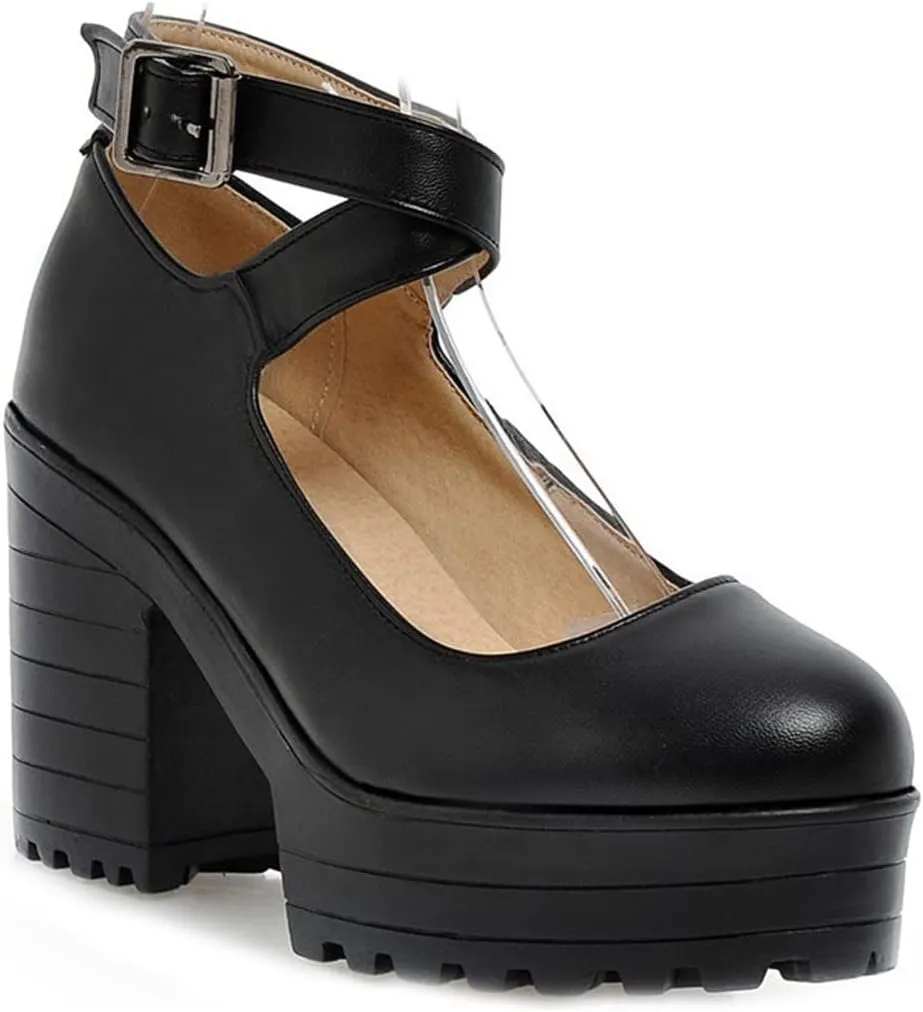 VOKLIN Women's Round Toe Platform Cross Ankle Strap Mary Janes Pumps Chunky High Block Heel Dress Pump Shoes