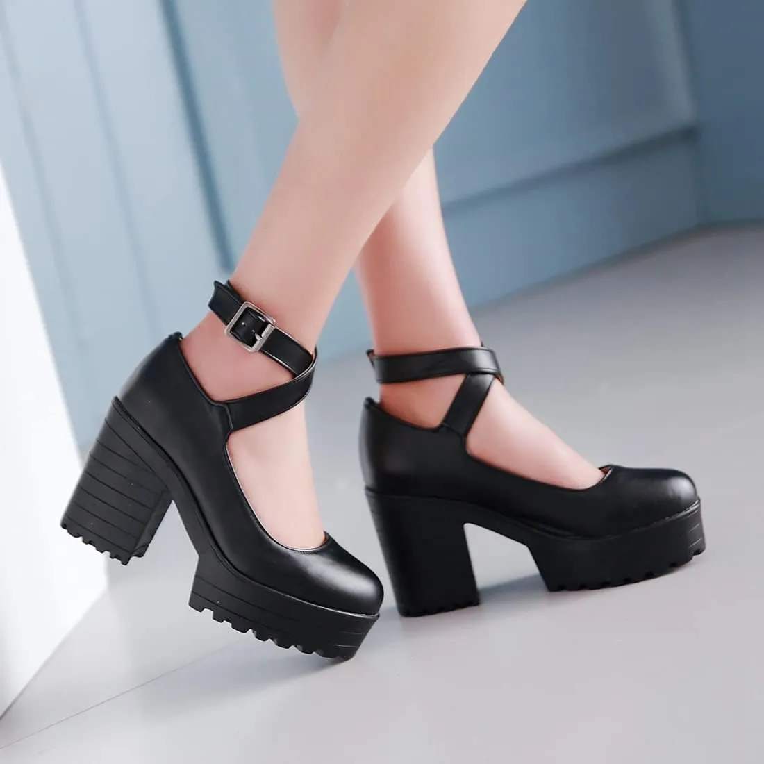 VOKLIN Women's Round Toe Platform Cross Ankle Strap Mary Janes Pumps Chunky High Block Heel Dress Pump Shoes