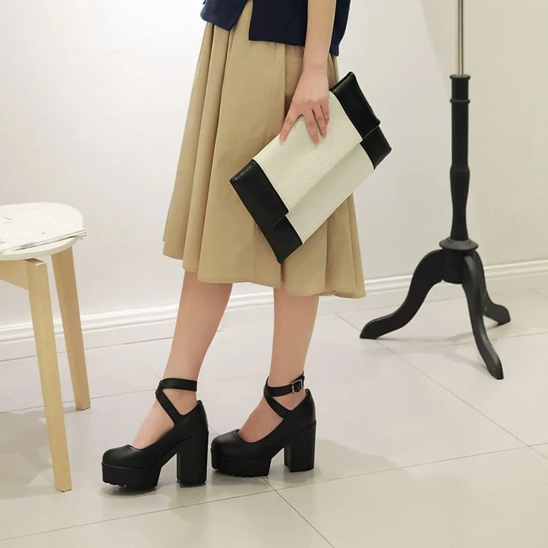 VOKLIN Women's Round Toe Platform Cross Ankle Strap Mary Janes Pumps Chunky High Block Heel Dress Pump Shoes
