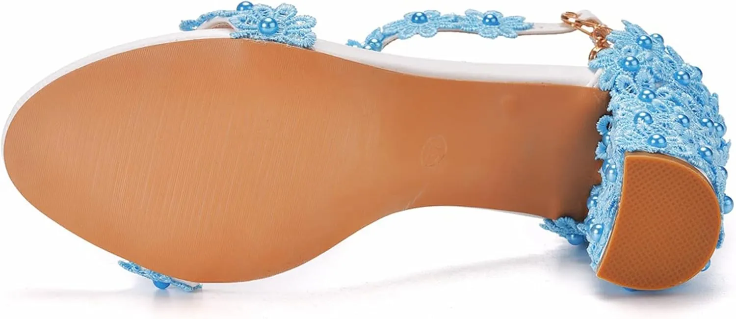 Vujkliy Women's Sandals Pump Round Toe Lace Beaded Square Heel Chunky Heel Sandals Sexy Banquet Wedding 7Cm/2.7In Large Size Sandals