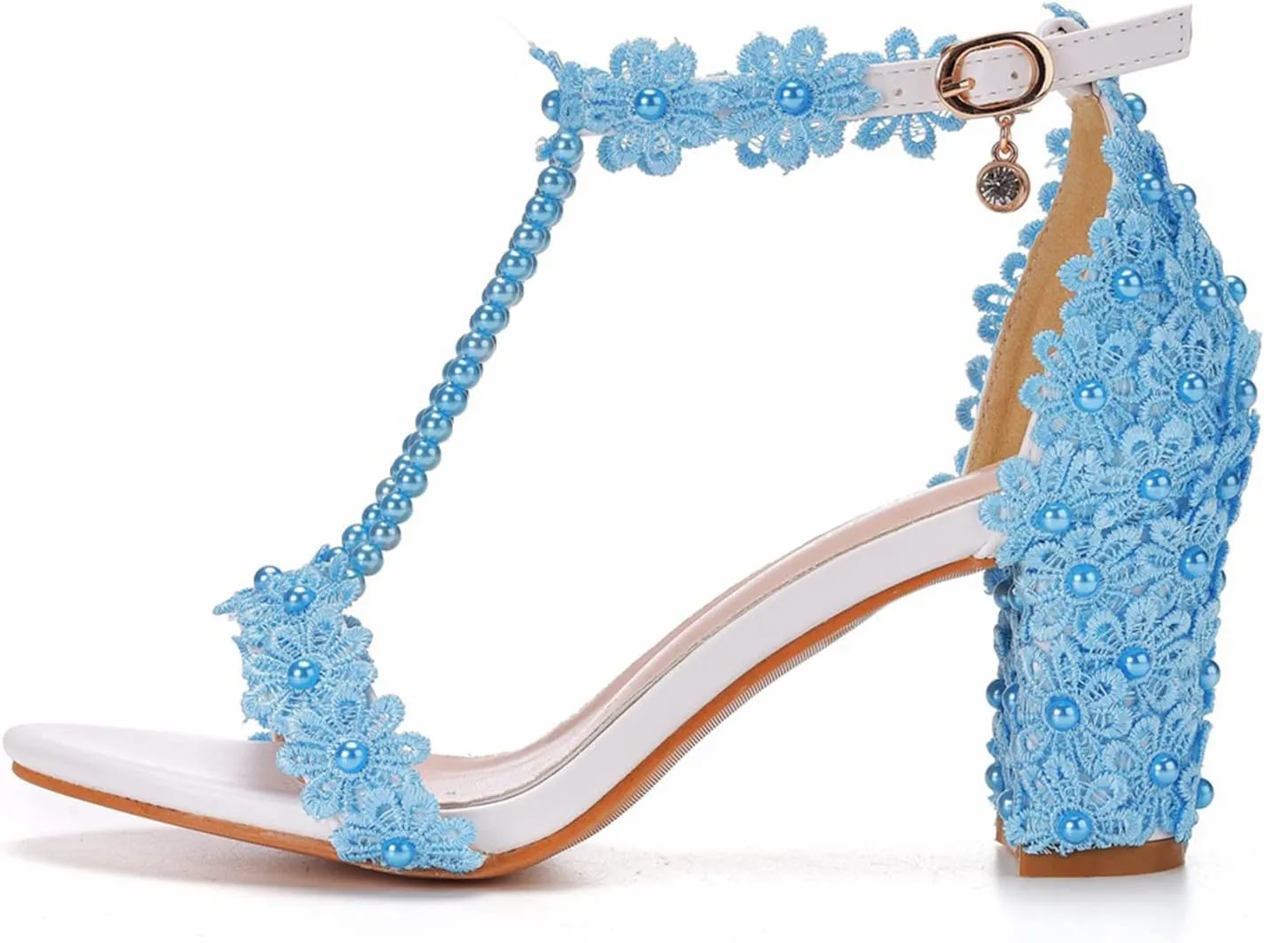 Vujkliy Women's Sandals Pump Round Toe Lace Beaded Square Heel Chunky Heel Sandals Sexy Banquet Wedding 7Cm/2.7In Large Size Sandals