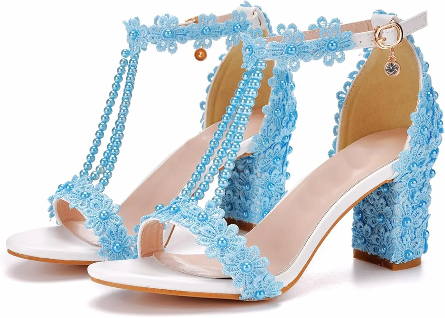 Vujkliy Women's Sandals Pump Round Toe Lace Beaded Square Heel Chunky Heel Sandals Sexy Banquet Wedding 7Cm/2.7In Large Size Sandals