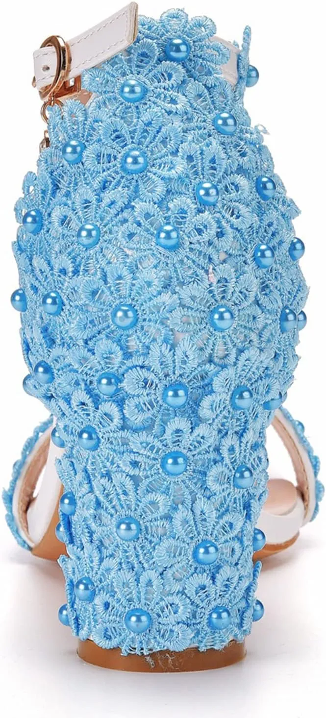 Vujkliy Women's Sandals Pump Round Toe Lace Beaded Square Heel Chunky Heel Sandals Sexy Banquet Wedding 7Cm/2.7In Large Size Sandals