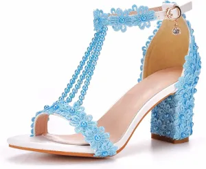 Vujkliy Women's Sandals Pump Round Toe Lace Beaded Square Heel Chunky Heel Sandals Sexy Banquet Wedding 7Cm/2.7In Large Size Sandals