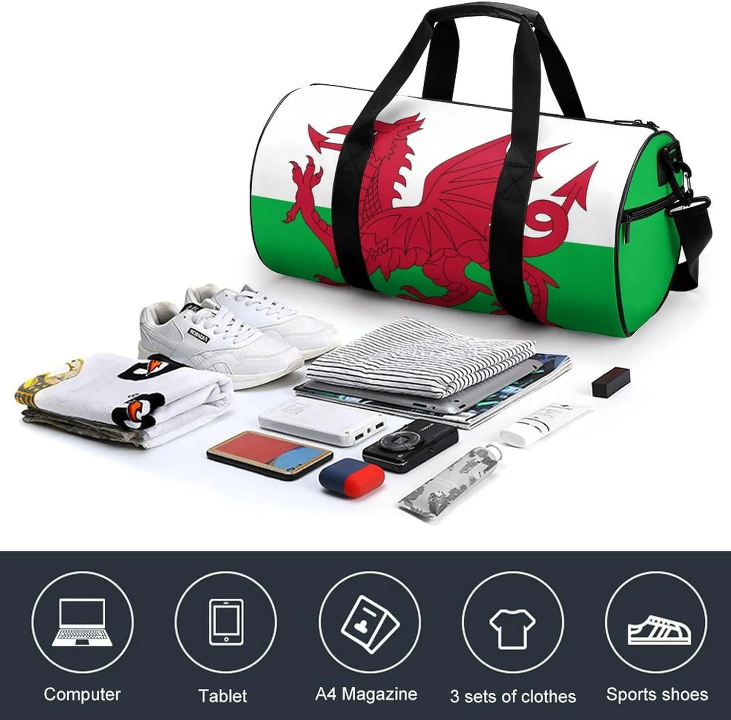 Wales Flag Waterproof Gym Bag for Women Men with Wet Pocket Sports Duffel for Travel Weekender