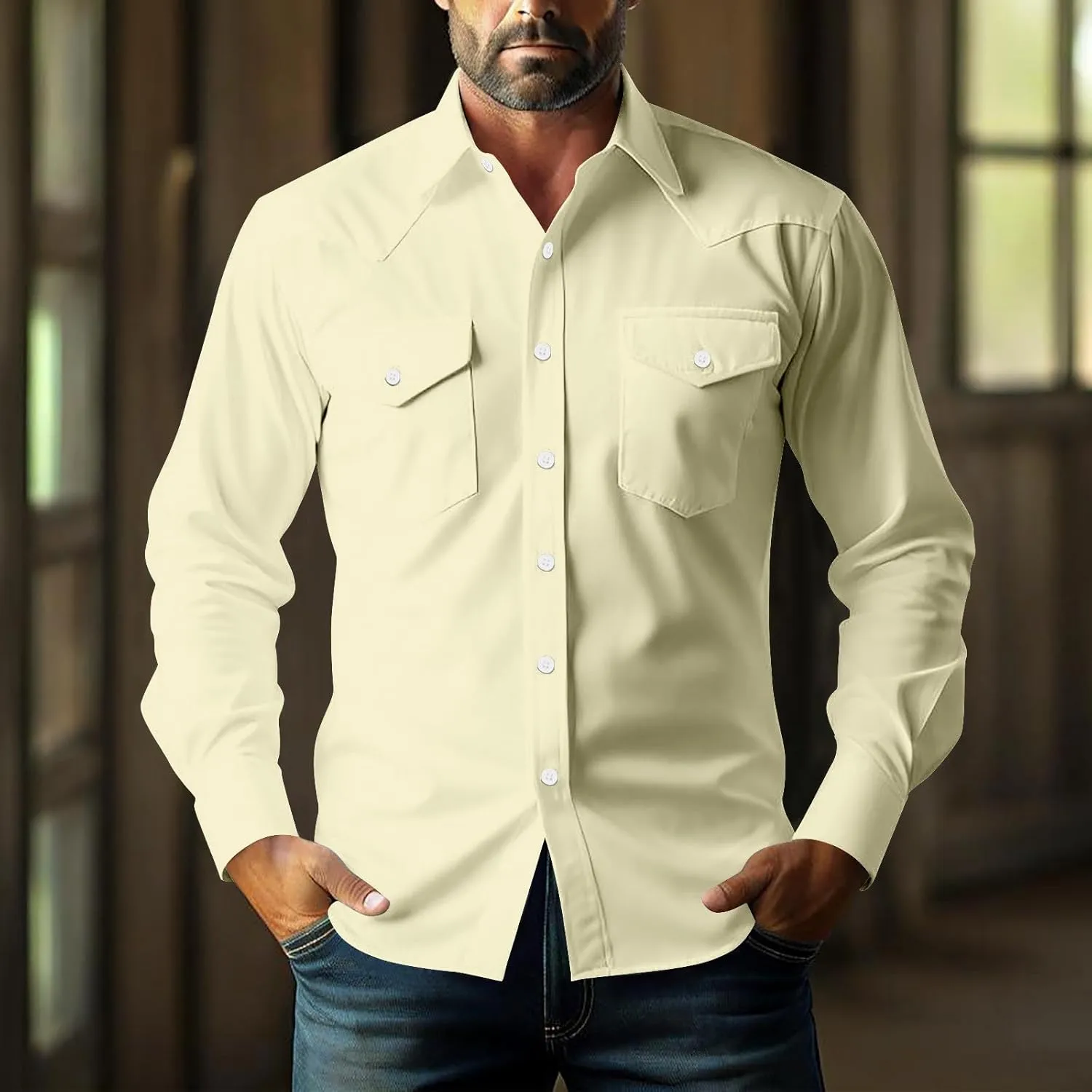 Western Cowboy Shirts for Men Pearl Snap Button Down Cotton Work T-Shirt Men's Casual Shirt Jacket with Two Pockets