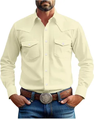 Western Cowboy Shirts for Men Pearl Snap Button Down Cotton Work T-Shirt Men's Casual Shirt Jacket with Two Pockets