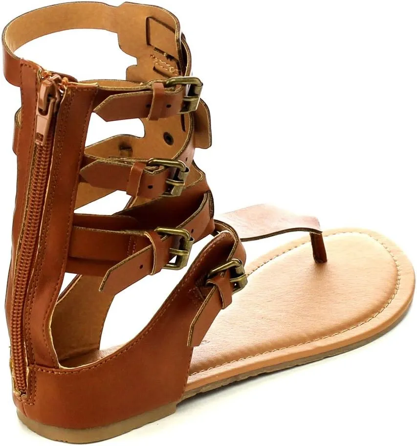 Wild Diva Tanaya-540 Women's T-Strap Buckle Gladiator Back Zip Flat Thong Sandal