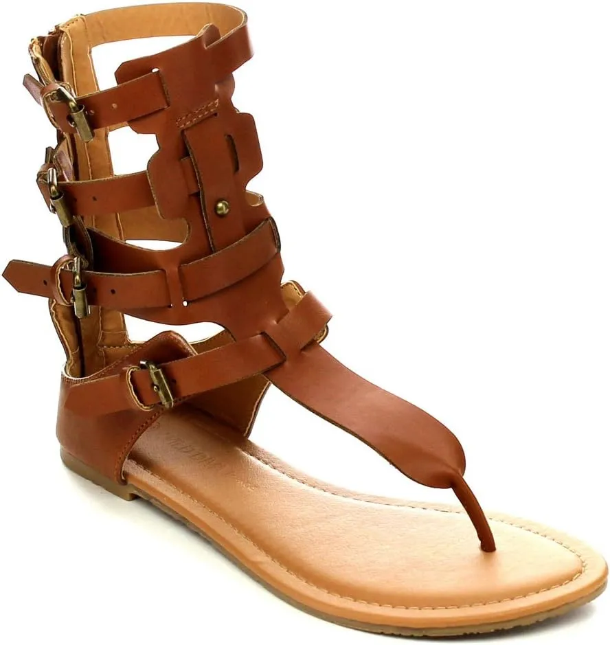 Wild Diva Tanaya-540 Women's T-Strap Buckle Gladiator Back Zip Flat Thong Sandal