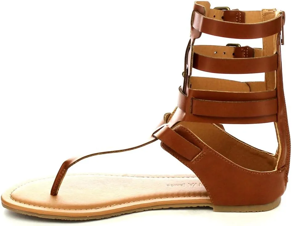 Wild Diva Tanaya-540 Women's T-Strap Buckle Gladiator Back Zip Flat Thong Sandal