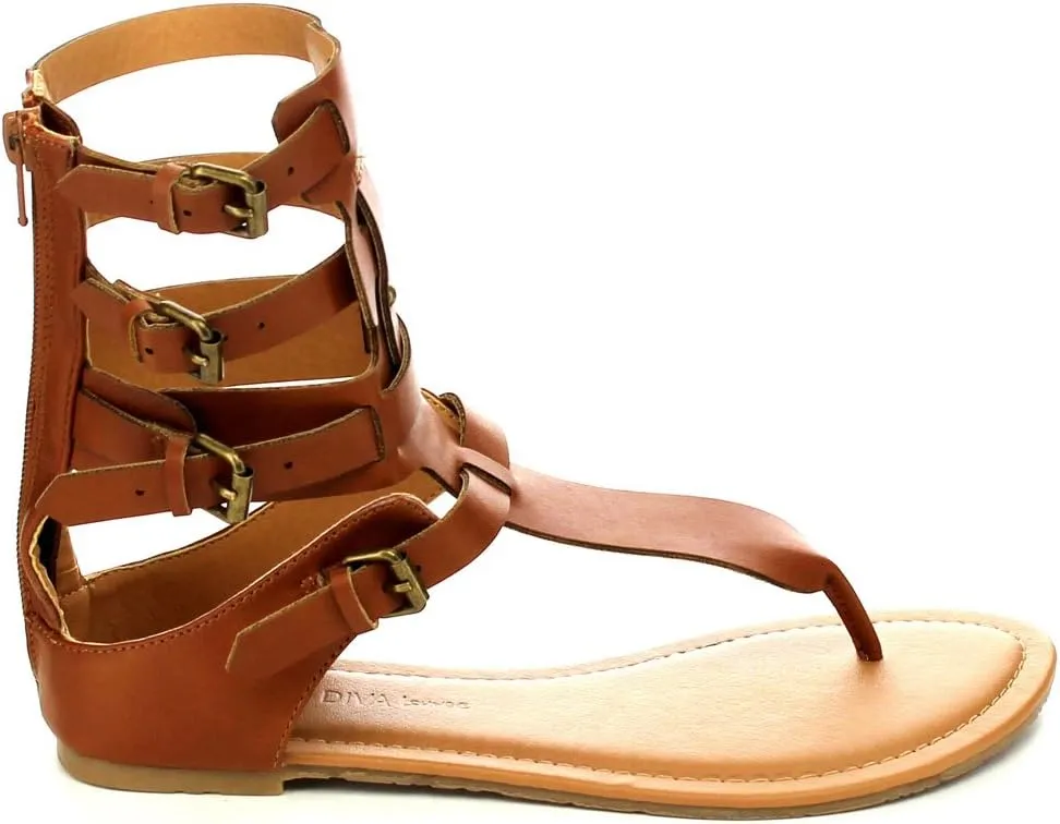 Wild Diva Tanaya-540 Women's T-Strap Buckle Gladiator Back Zip Flat Thong Sandal