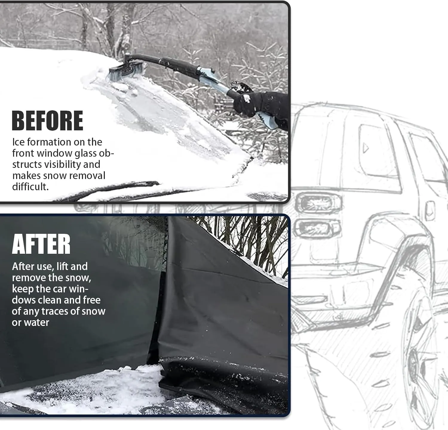 Windshield Snow Cover, Frost and Waterproof All-Weather Protective Cover, 600D Oxford Cloth Anti-Theft Mounting Privacy Cover, Universal for Cars Outdoor Portable Foldable Car Cover (Black)