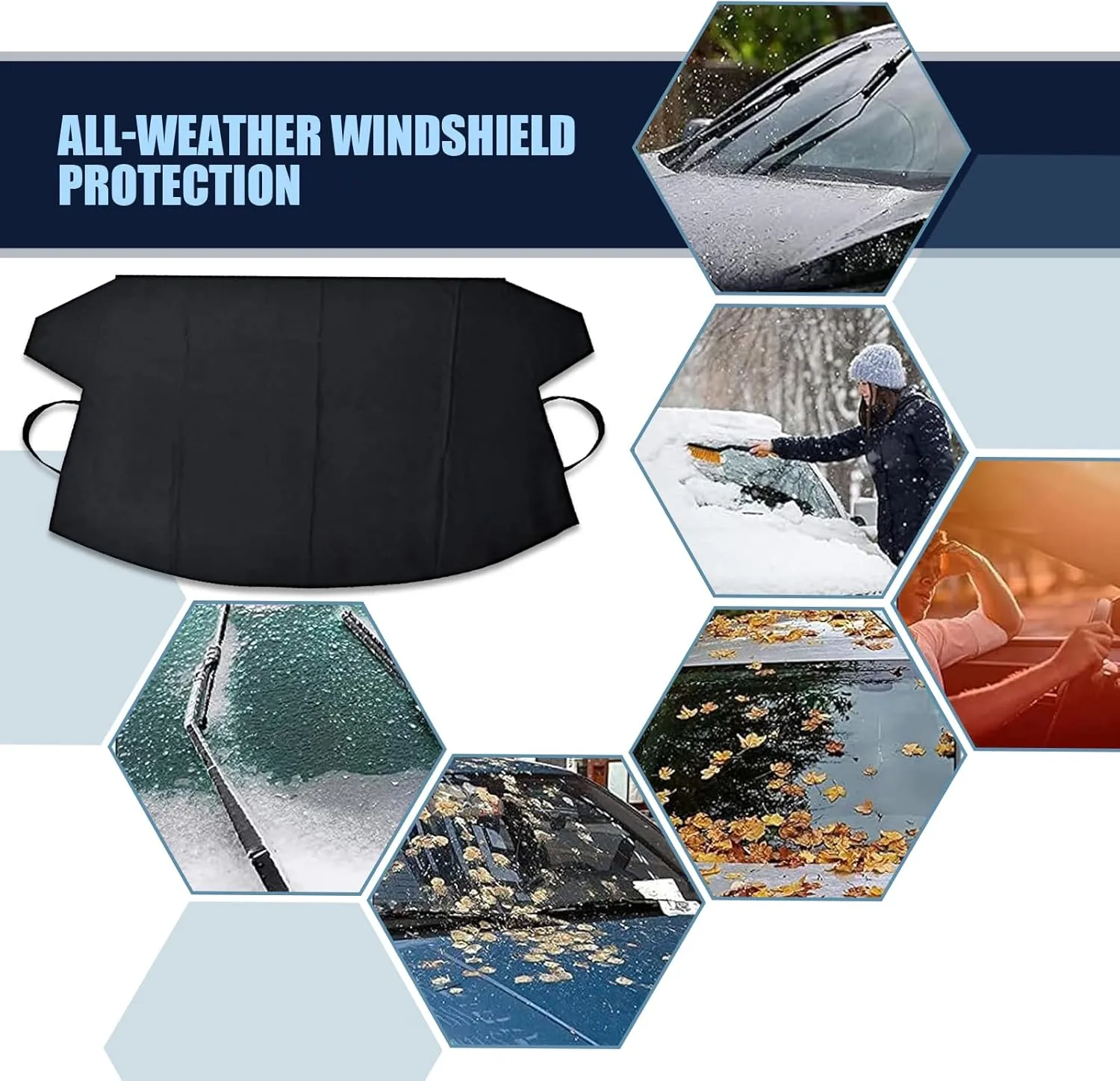 Windshield Snow Cover, Frost and Waterproof All-Weather Protective Cover, 600D Oxford Cloth Anti-Theft Mounting Privacy Cover, Universal for Cars Outdoor Portable Foldable Car Cover (Black)