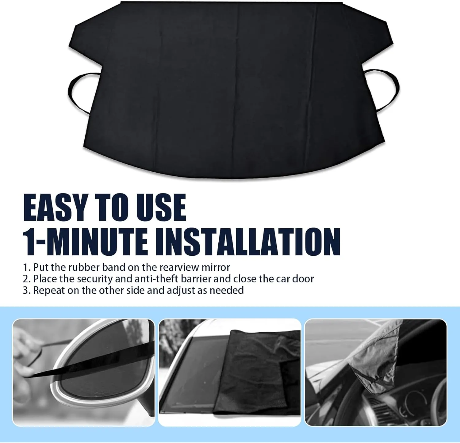 Windshield Snow Cover, Frost and Waterproof All-Weather Protective Cover, 600D Oxford Cloth Anti-Theft Mounting Privacy Cover, Universal for Cars Outdoor Portable Foldable Car Cover (Black)