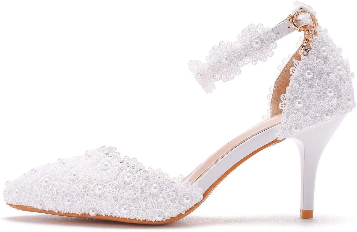 Women High Heels Sandals White Lace Pearls Wedding Shoes Pointed Toe Bridal Shoes