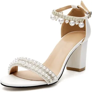 Women's Bridal Shoes Open Toe Comfortable Mid Block Heel Ankle Strap Wedding Dress Pump Sandals With Pearl Chain