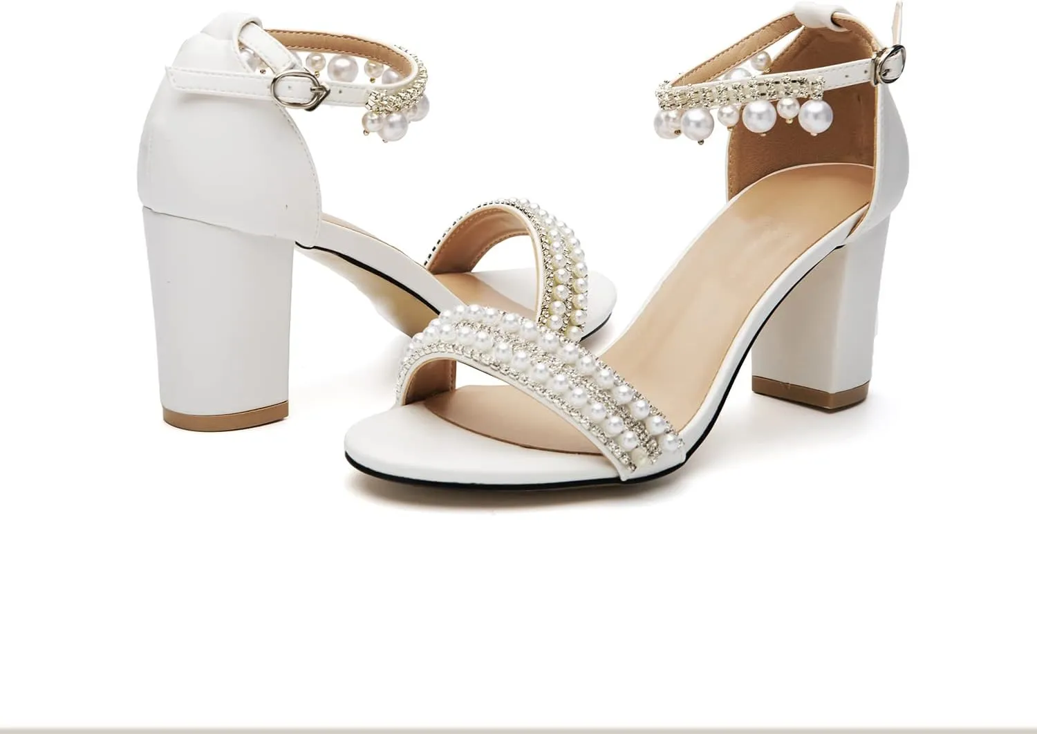 Women's Bridal Shoes Open Toe Comfortable Mid Block Heel Ankle Strap Wedding Dress Pump Sandals With Pearl Chain