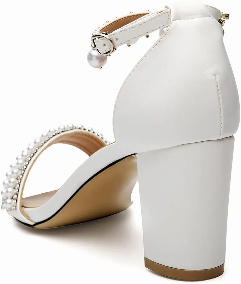Women's Bridal Shoes Open Toe Comfortable Mid Block Heel Ankle Strap Wedding Dress Pump Sandals With Pearl Chain