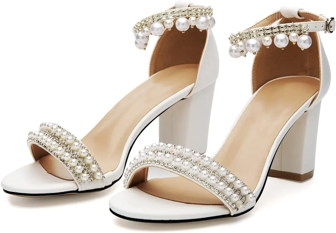 Women's Bridal Shoes Open Toe Comfortable Mid Block Heel Ankle Strap Wedding Dress Pump Sandals With Pearl Chain