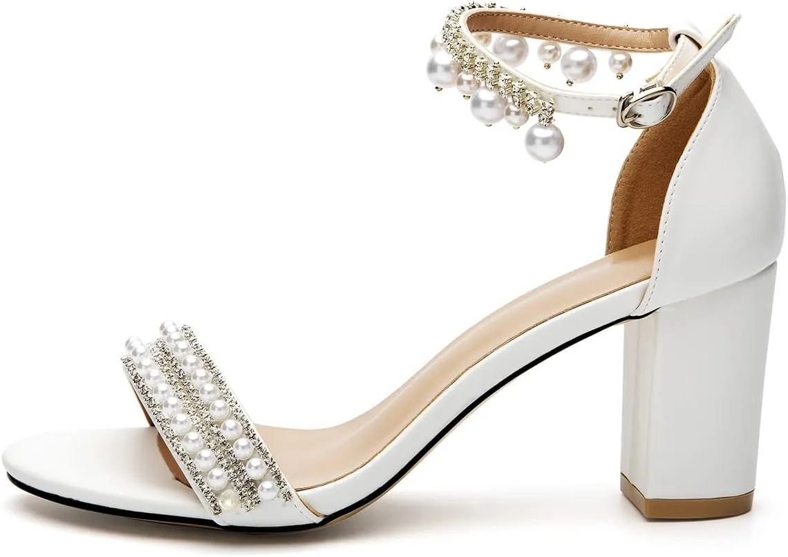 Women's Bridal Shoes Open Toe Comfortable Mid Block Heel Ankle Strap Wedding Dress Pump Sandals With Pearl Chain