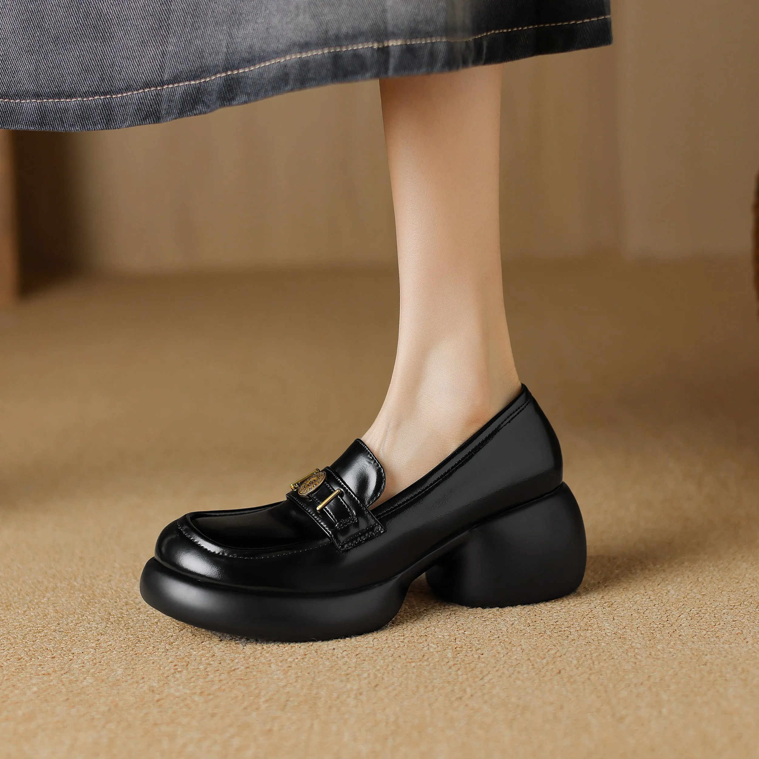 Women's Casual Leather Platform Slip on Chunky Penny Loafers