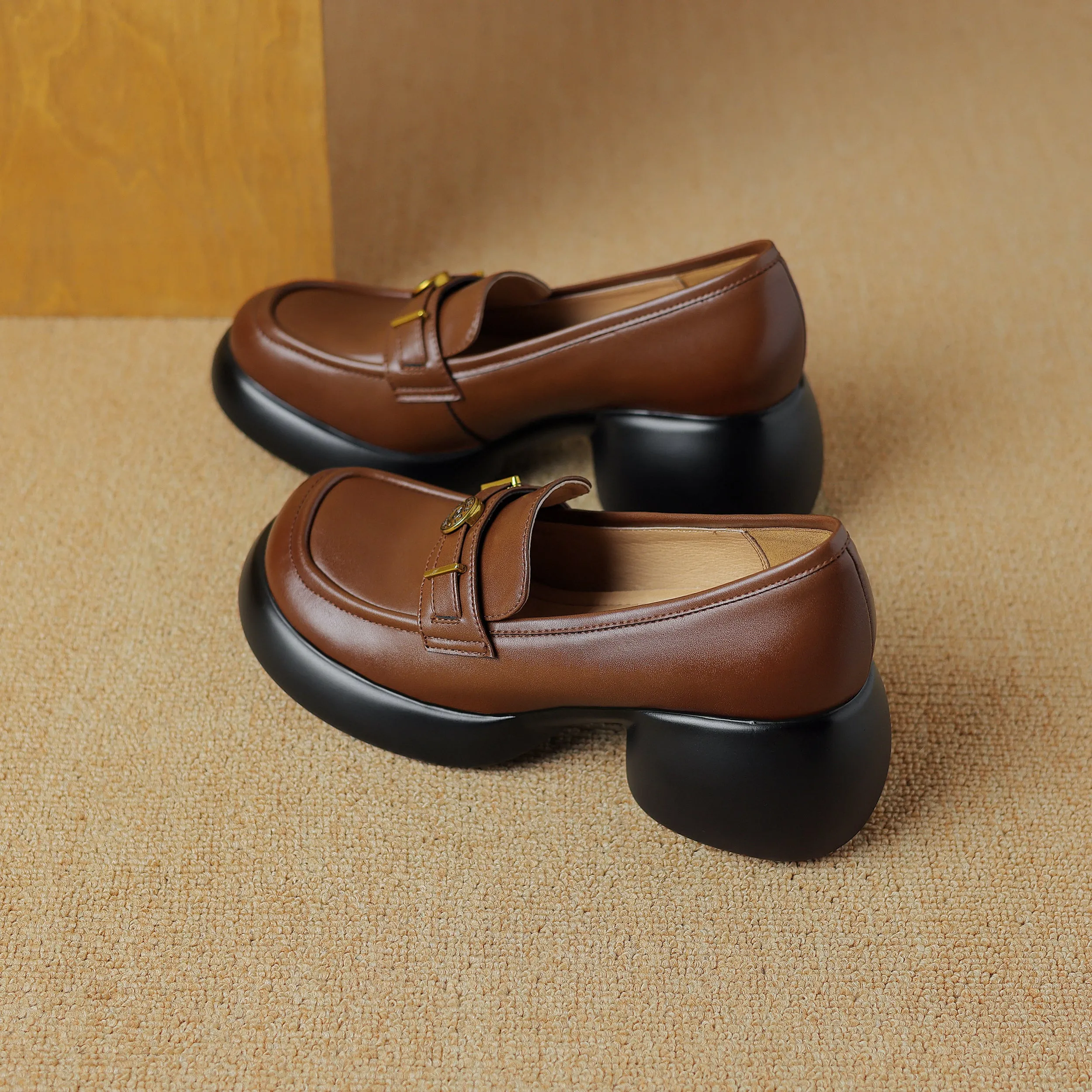 Women's Casual Leather Platform Slip on Chunky Penny Loafers