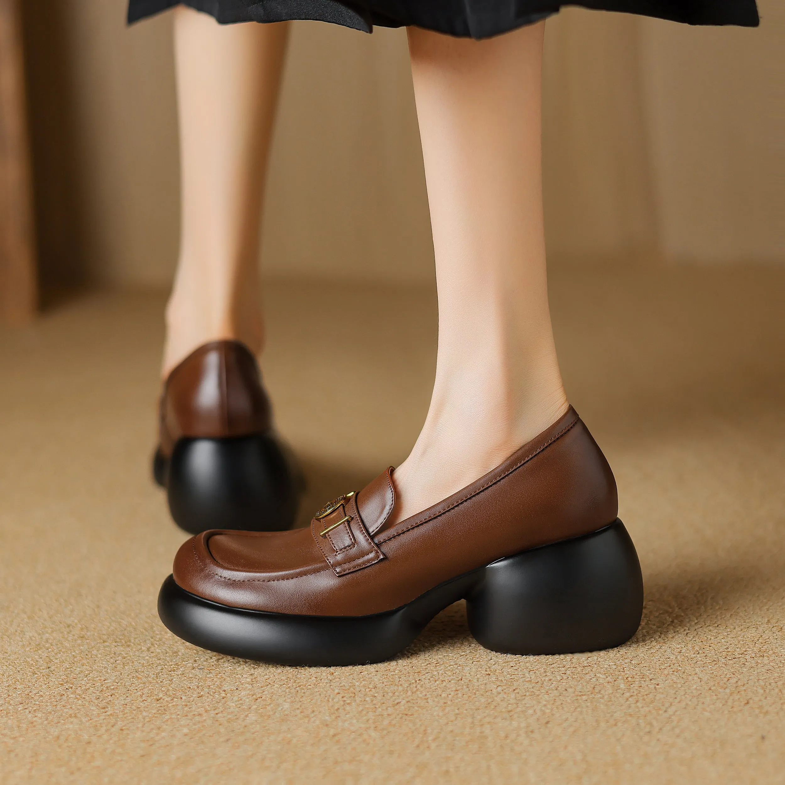 Women's Casual Leather Platform Slip on Chunky Penny Loafers
