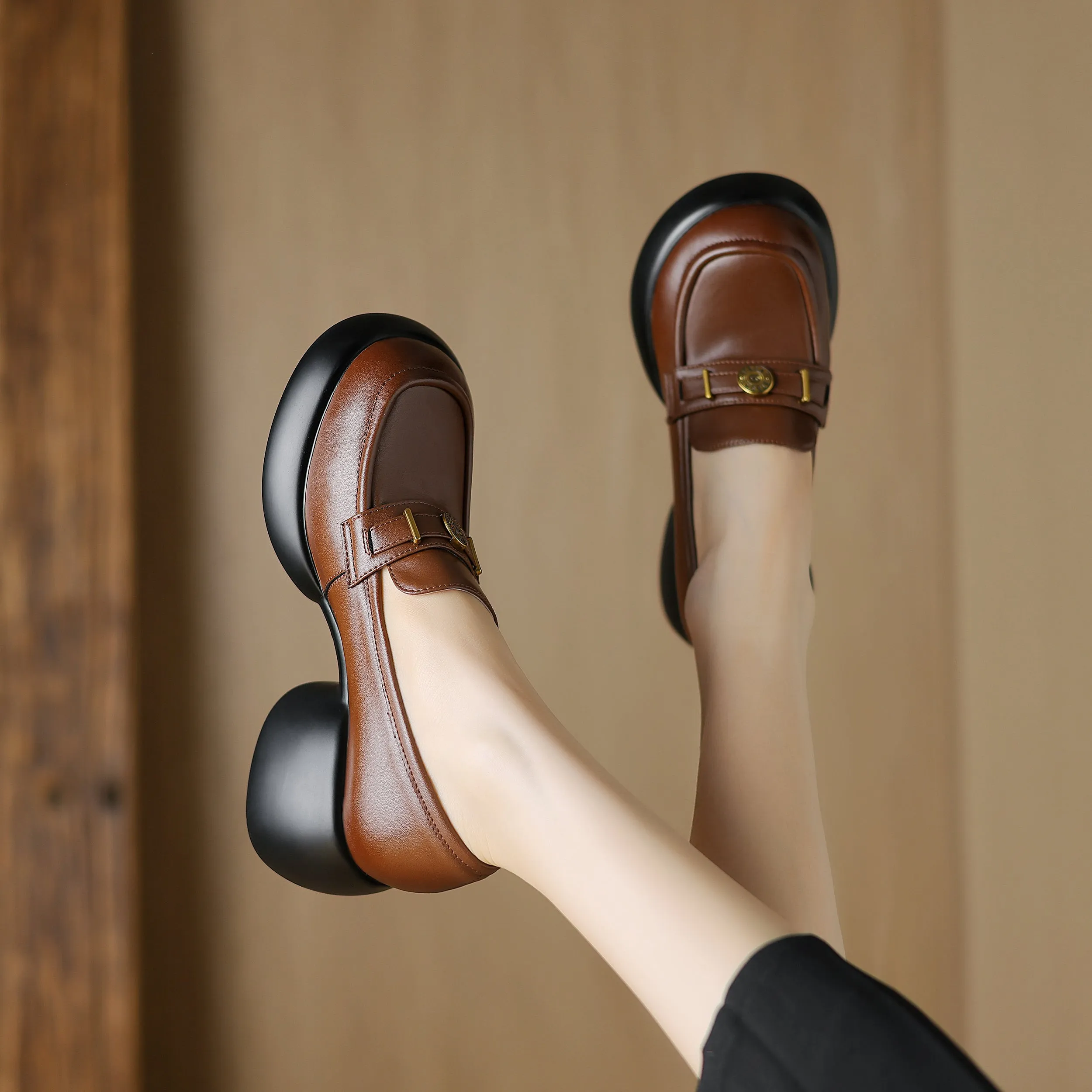 Women's Casual Leather Platform Slip on Chunky Penny Loafers