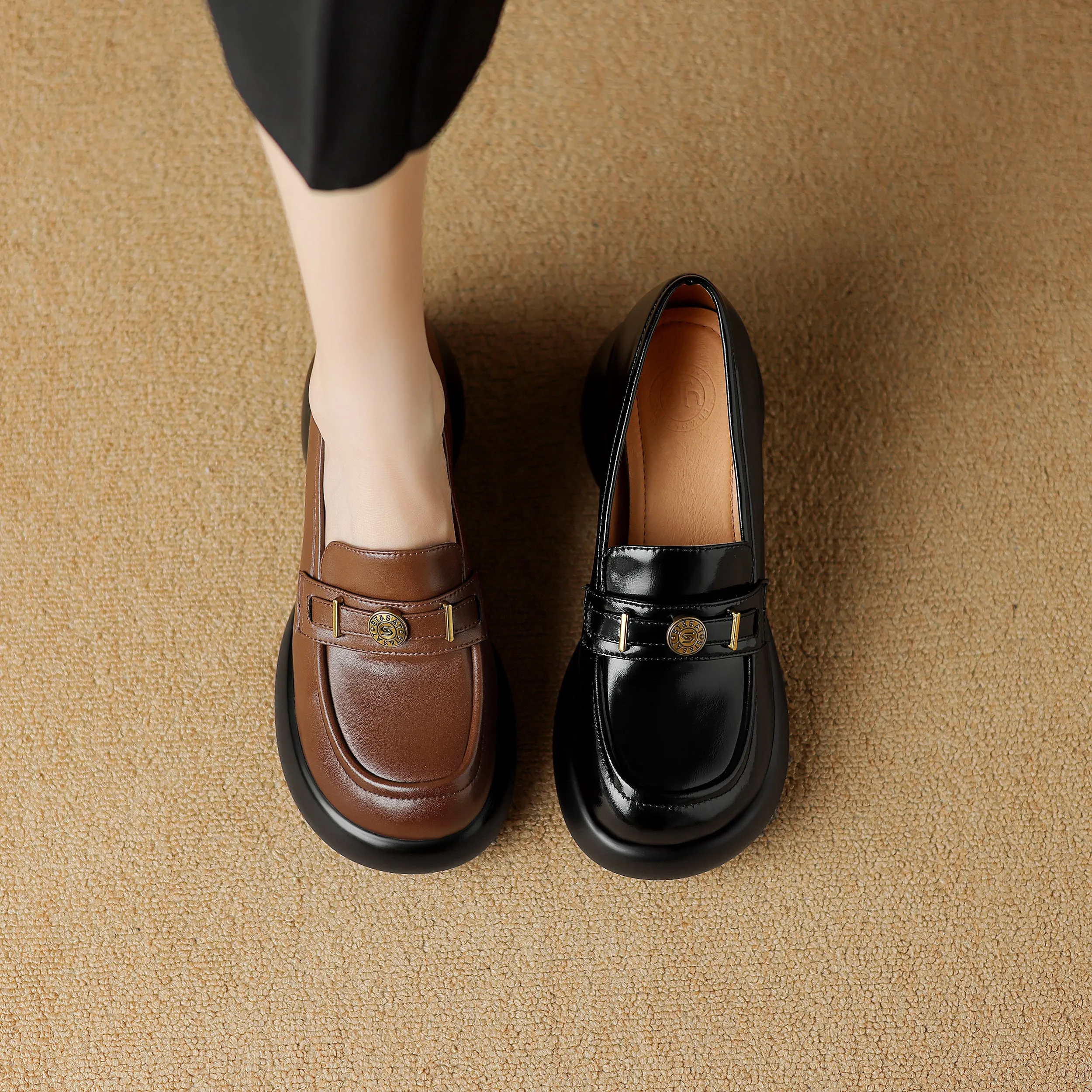 Women's Casual Leather Platform Slip on Chunky Penny Loafers